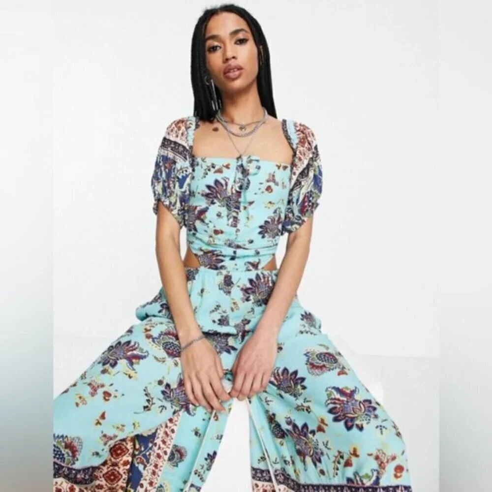 Free People Bali Citrus Skies Paisley Print Jumpsuit Bohemian Boho Size Small - Picture 15 of 15
